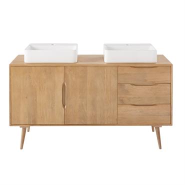 Meuble double vasque 2 portes 3 tiroirs en manguier massif