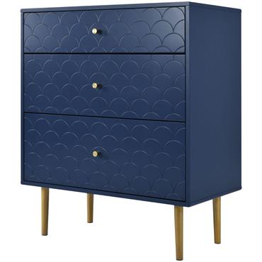 Commode buffet 3 tiroirs bleu marine motif d'écailles pieds dorés