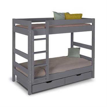 Pack lit superposé avec tiroirs et 2 matelas 90x190 bois massif gris