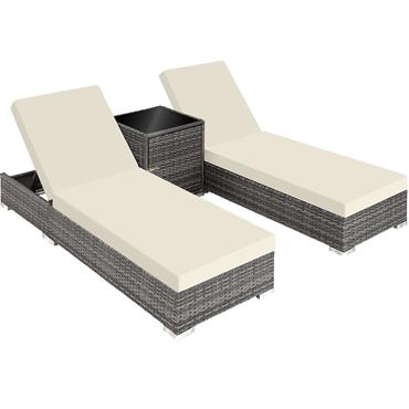 Lot de 2 Bains de soleil design luxueux Table avec rangement gris