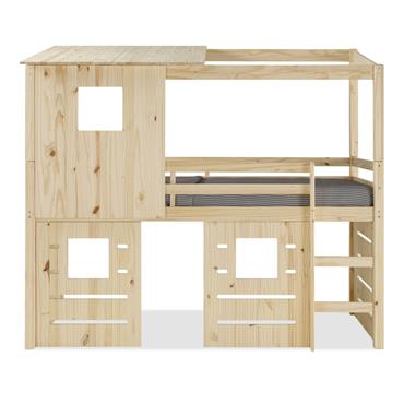 Lit cabane mi-hauteur bois massif 90x200 cm