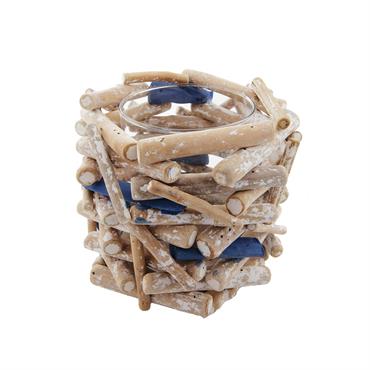 Photophore décoratif en bois séché bois et bleu D17