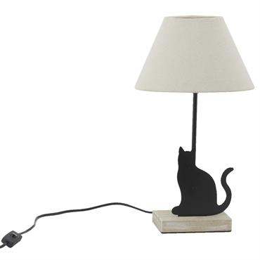 Lampe chat en métal noir et bois