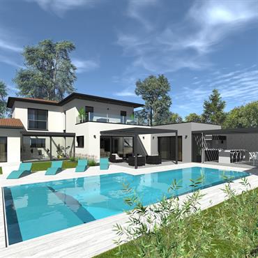Conception d'une villa semi-contemporaine de standing en région lyonnaise + Etude paysagère de la parcelle avec espace détente/piscine et cuisine ... Domozoom