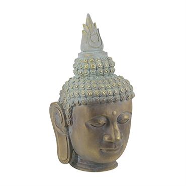 Figure décorative en forme de tête de Bouddha, fabriquée en résine avec des tons de bronze, d'or et de turquoise vieillis. Aucun assemblage requis. 