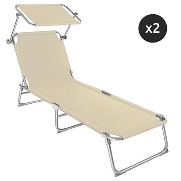 Lot de 2 transats de jardin pliables acier réglable 4 positions beige
