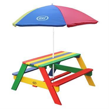 Table de pique-nique avec parasol arc-en-ciel