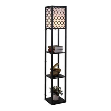 Lampadaire 3 étagères MDF noir abat-jour tissu motif nid d'abeille