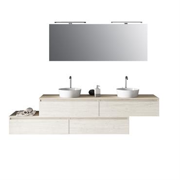 Meuble de salle de bain 9 pièces double vasque en mélamine bois beige