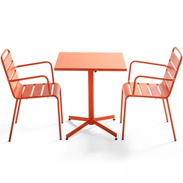 Ensemble table de jardin bistrot et 2 fauteuils métal orange