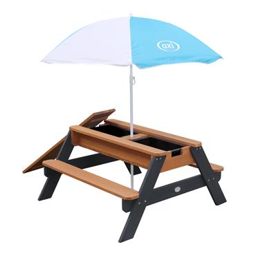 Table de pique-nique sable et eau avec parasol