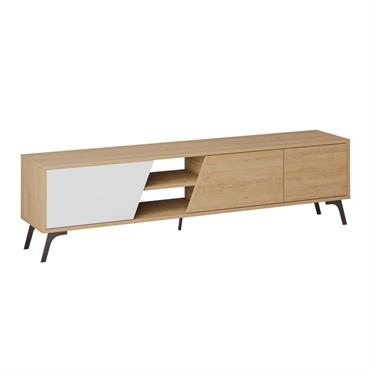 Meuble TV 3 portes et 2 niches décor chêne et blanc