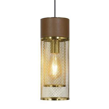 Suspension D13 en métal grillagé doré et simili cuir marron