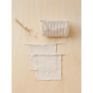 Trousse de toilette et pochons brodés ivoire/étoile caramel