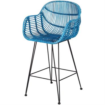Chaise haute de bar en rotin bleu et métal