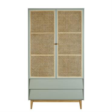 Armoire 2 portes 2 tiroirs bleu gris cannage en rotin