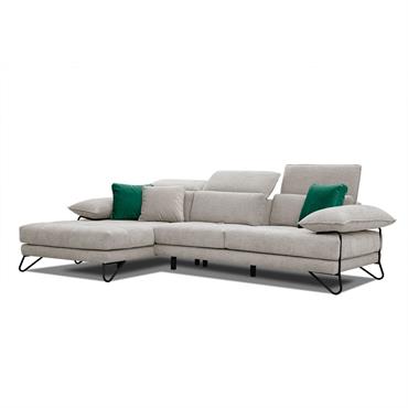 Canapé d'angle gauche 4 places tissu marron clair avec coussins déco