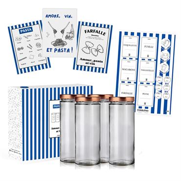 Boite de 4 bocaux en verre 1L avec étiquettes et affiches Pasta Lovers