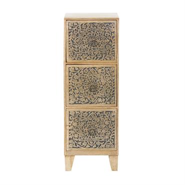 Petit meuble de rangement 3 tiroirs en manguier gravé