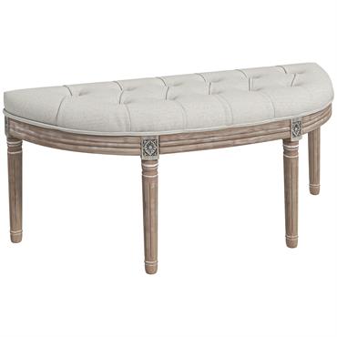 Banc bout de lit demi-lune style Louis XVI bois sculpté tissu grège