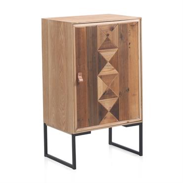 Table de chevet en frêne recyclé 1 porte et base métallique