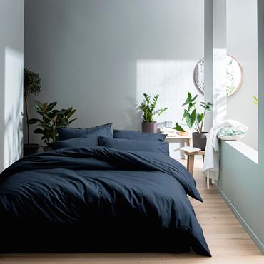 Parure de lit unie en coton lavé Bleu Nuit 260x240