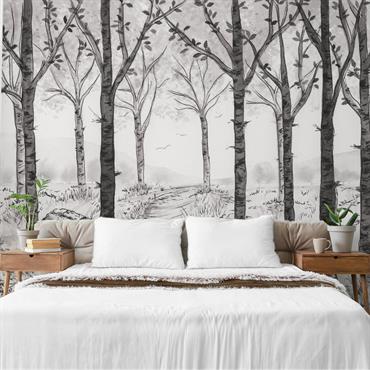 Papier peint panoramique paysage forêt de bouleau noir et blanc 450x25