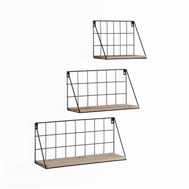 Set de 3 étagères murales métal noir et bois paulownia