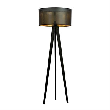 Lampadaire trépied en bois avec abat-jour noir et doré