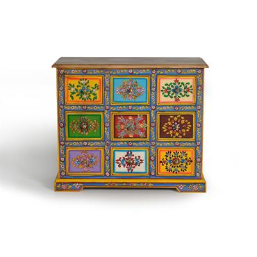 Commode en bois de manguier avec détails multicolores peints à la main