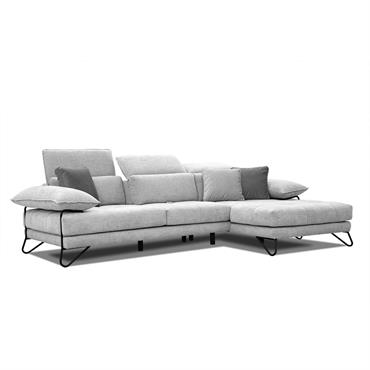 Canapé d'angle droit 4 places en tissu gris clair avec coussins déco