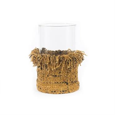 Bougeoir en verre et coton jaune noir15x25
