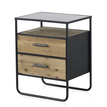Table de chevet avec 2 tiroirs au design industriel avec structure et poignées en métal noir, le bois est du sapin et le plateau est en verre légèrement fumé. Idéale ...
