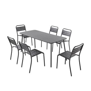 Table de jardin + chaises 6 personnes en acier gris foncé Bergame L'ensemble table et chaises Bergame est conçu pour accueillir jusqu'à 6 personnes dans un style moderne et élégant. ...