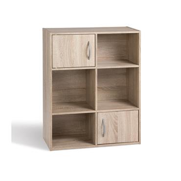 Etagère de rangement 6 cases 2 portes - Effet Bois clair