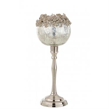 Photophore pied métal/alu/verre argent H33cm