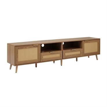 Meuble TV en rotin tressé pieds en bois massif 200*37*49cm TORQEOLS Ce meuble TV a un style bois naturel pour une ambiance cosy et chaleureuse, et design en rotin tressé ...