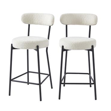 Lot de 2 tabourets en tissu bouclette blanc piètement noir