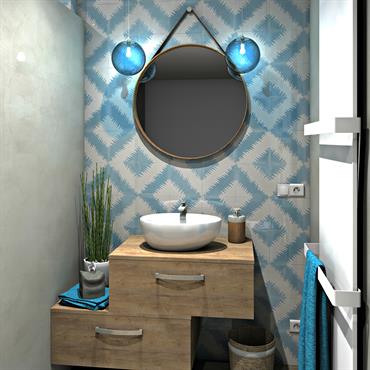 Dans une maison neuve, petite salle d'eau (moins de 6 m²) avec douche et WC.
Murs en tadelakt gris chaud et ... Domozoom