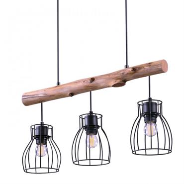 Suspension 3 lampes en bois d'eucalyptus et métal noir