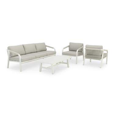 Salon de jardin 5 places composé d'un canapé triple 203x81x69,5cm avec une structure en aluminium blanc et corde beige, avec coussins beiges déhoussables. Une table basse 126x65x37 en aluminium blanc ...