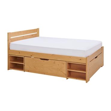 Lit rangement en bois massif miel 160 x 200 cm
