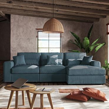 Canapé d'angle droit fixe en velours côtelé - bleuPIUMA