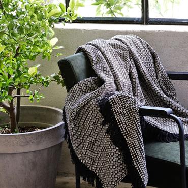 Plaid à franges et motifs en coton - noir 130x170cmPARA
