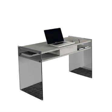 Cliquez pour agrandir et passer en diaporama Bureau design VERONA 1 tiroir 2 casiers piétement verre fumé plateau gris béton