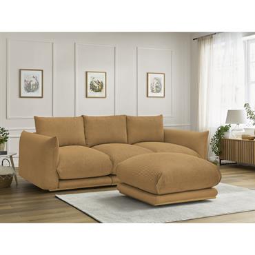 Canapé droit fixe 3 places ERNEST tissu velours côtelé avec pouf jaune   BOBOCHIC