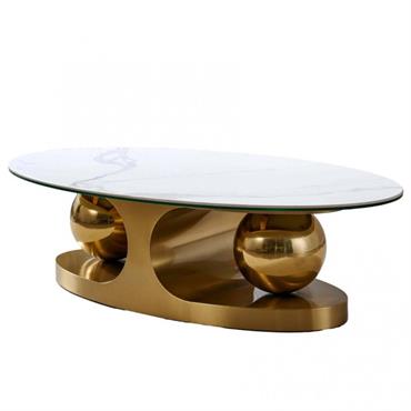 Table basse design SPHERE GOLD 120 base métal doré plateau marbre blanc