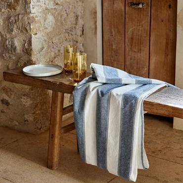 Nappe à rayures bleues en lin et coton 150x250cm - blancLUSSIA