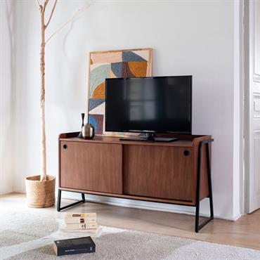 Meuble TV 2 portes en bois L120xl40xH65cm - bois foncéESTANIER