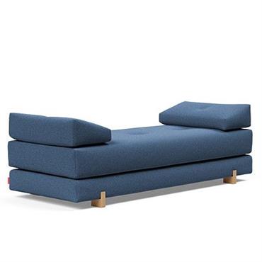 Méridienne design SIGMUND WOOD convertible lit 160x200 cm pieds chêne tissu Bouclé Bleu